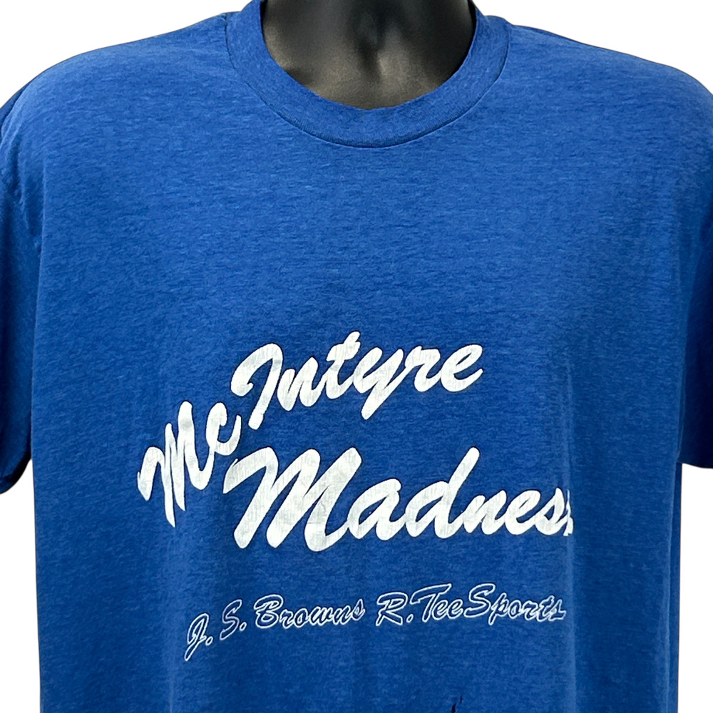 Vintage 80s Distressed McIntyre Madness T Shirt Unisex XL X-Large Blue JS Browns